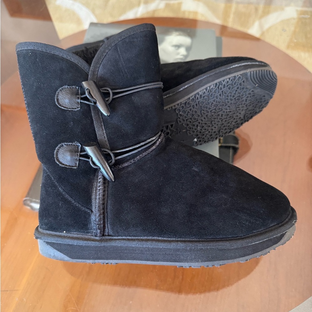 BooRoo Black Suede Australian Merino Wool Ankle Boots with Toggle Closure